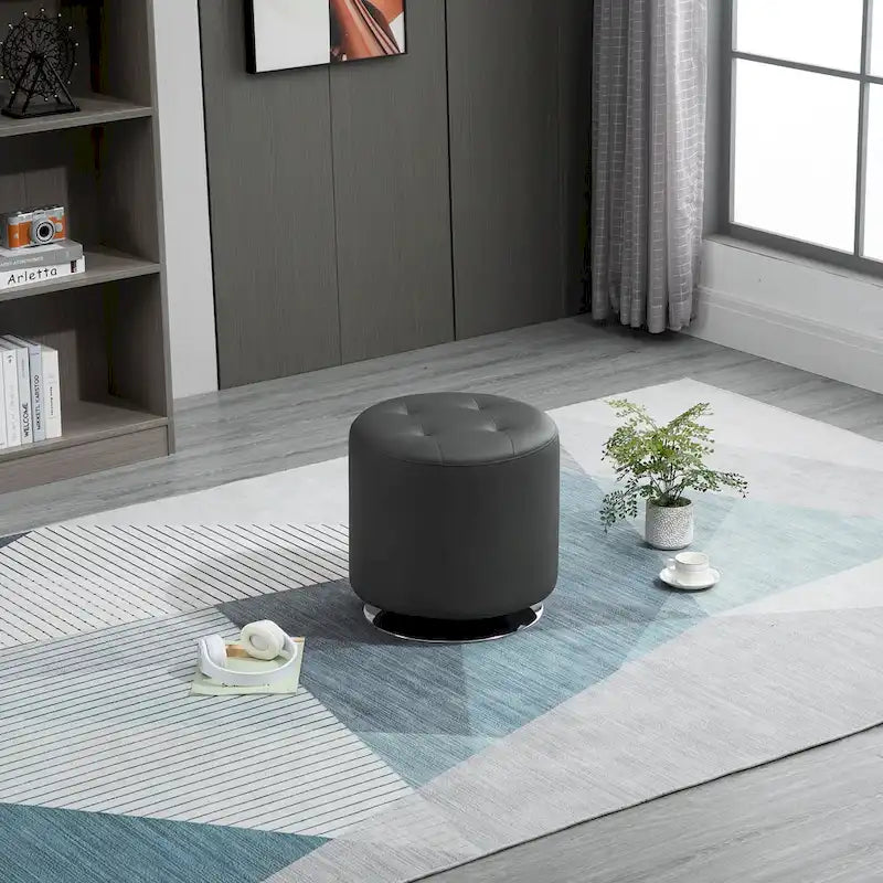 360-Degree Swivel Round PU Ottoman with Thick Sponge Padding and Solid Steel Base