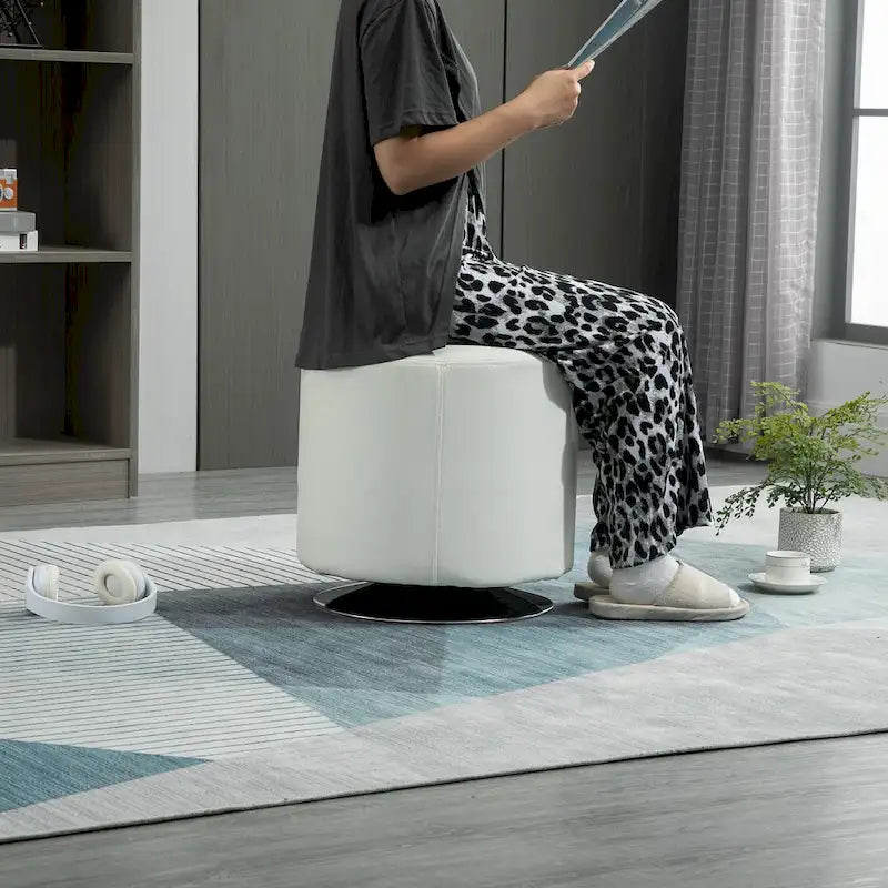 360-Degree Swivel Round PU Ottoman with Thick Sponge Padding and Solid Steel Base