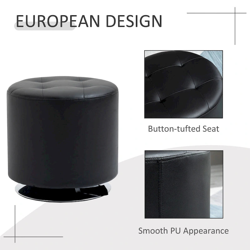 360-Degree Swivel Round PU Ottoman with Thick Sponge Padding and Solid Steel Base