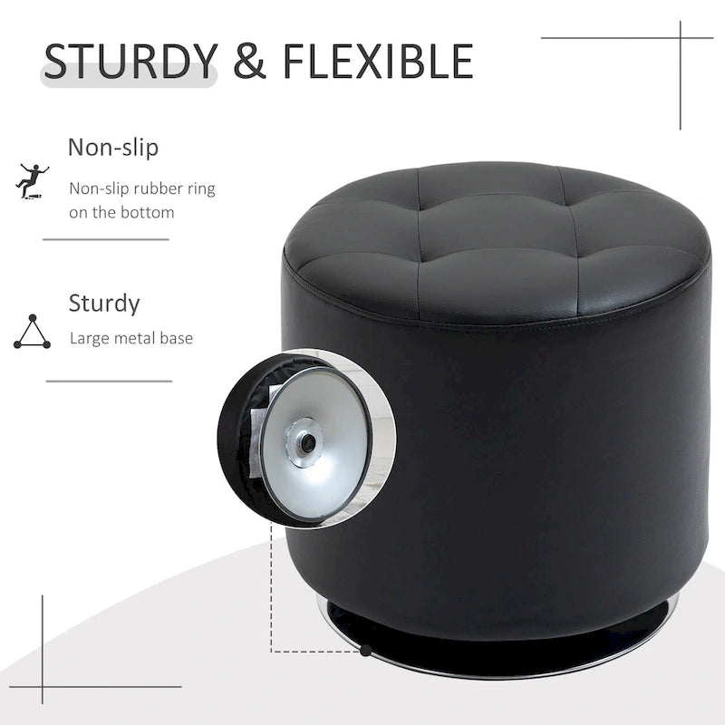 360-Degree Swivel Round PU Ottoman with Thick Sponge Padding and Solid Steel Base