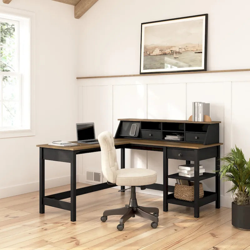 60" L-Shaped Computer Desk with Desktop Organizer, Farmhouse Style