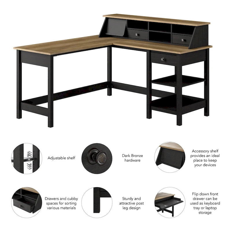 60" L-Shaped Computer Desk with Desktop Organizer, Farmhouse Style