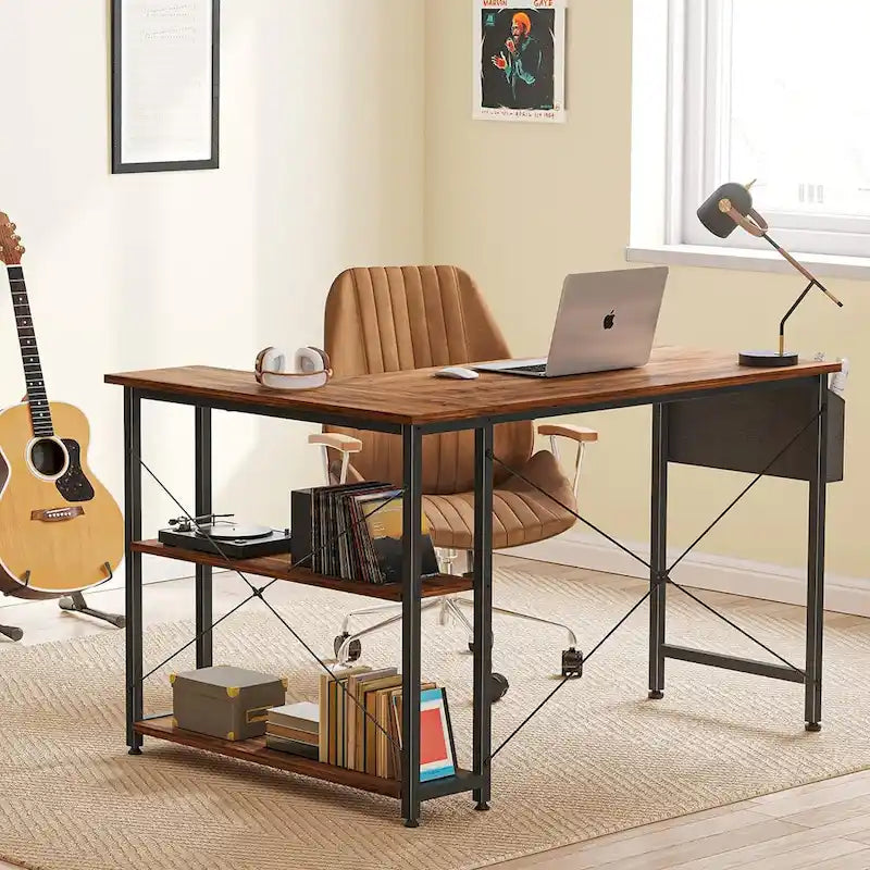 Computer Desk with 2-Tier Open Shelves and Storage Bag