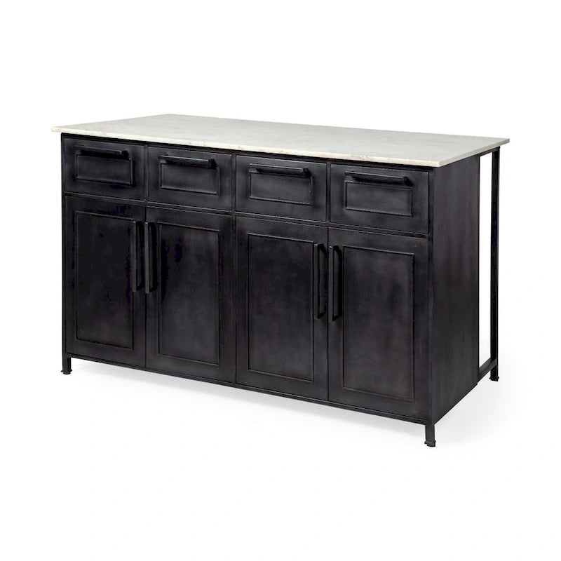 White Marble Top with Black Solid Iron Frame Kitchen Island - 58W x 32D x 37H