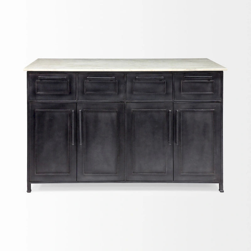 White Marble Top with Black Solid Iron Frame Kitchen Island - 58W x 32D x 37H