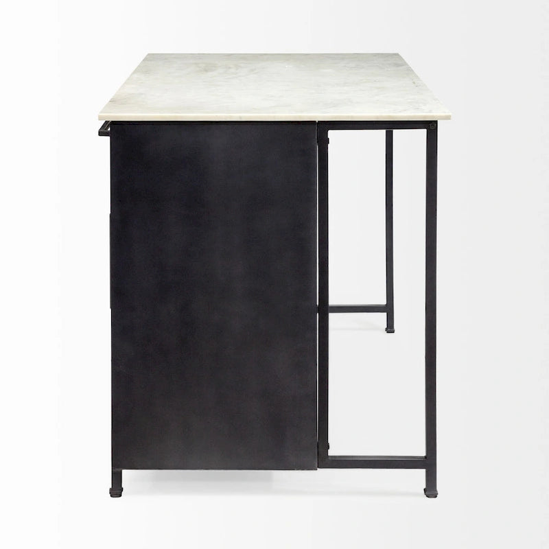 White Marble Top with Black Solid Iron Frame Kitchen Island - 58W x 32D x 37H