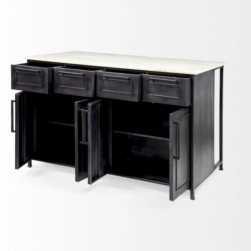 White Marble Top with Black Solid Iron Frame Kitchen Island - 58W x 32D x 37H