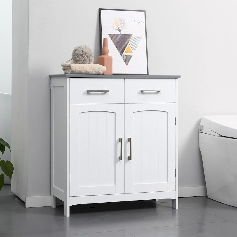 Bathroom Floor Cabinet, Freestanding Linen Cabinet with 2 Drawers & Double Doors