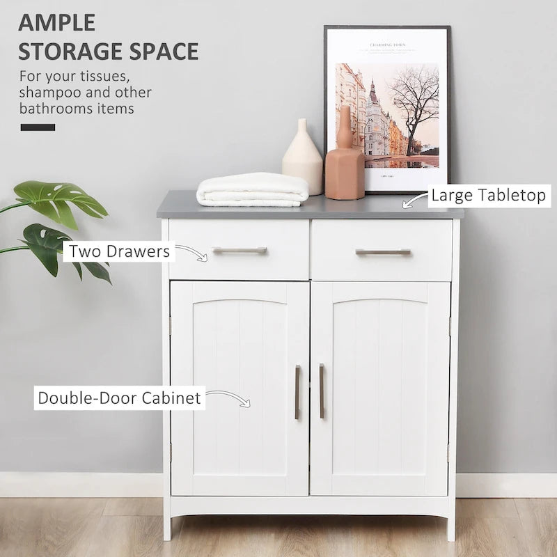 Bathroom Floor Cabinet, Freestanding Linen Cabinet with 2 Drawers & Double Doors