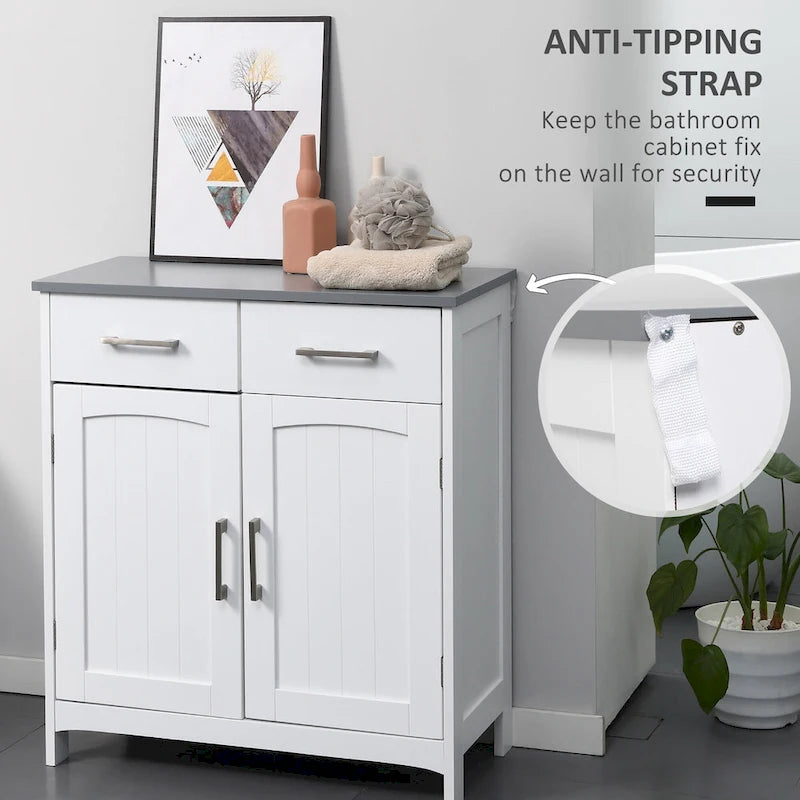 Bathroom Floor Cabinet, Freestanding Linen Cabinet with 2 Drawers & Double Doors