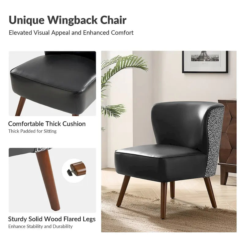 Mid-Century Modern Wingback Side Armchair with Solid Wood Legs