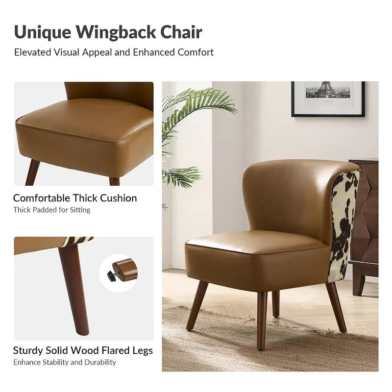 Mid-Century Modern Wingback Side Armchair with Solid Wood Legs
