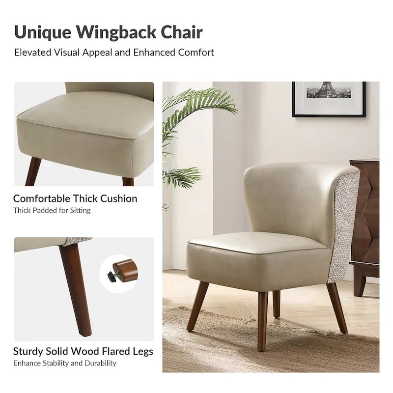 Mid-Century Modern Wingback Side Armchair with Solid Wood Legs
