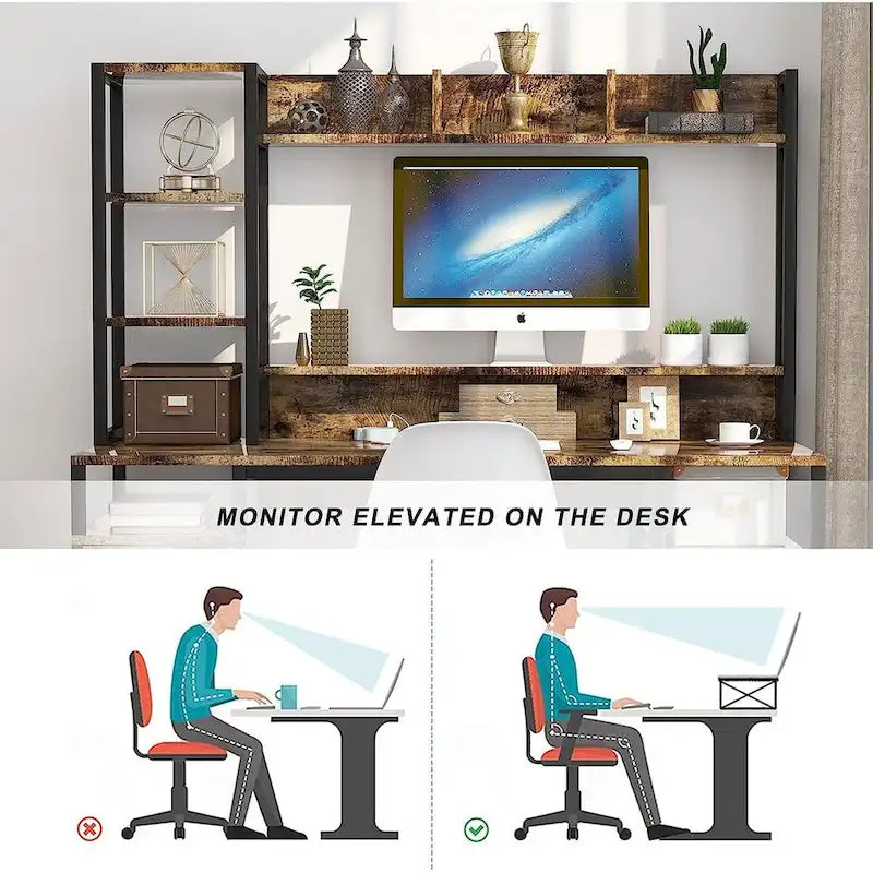 55" Vintage Computer Desk with Hutch and Storage Shelf