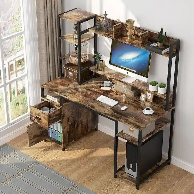 55" Vintage Computer Desk with Hutch and Storage Shelf