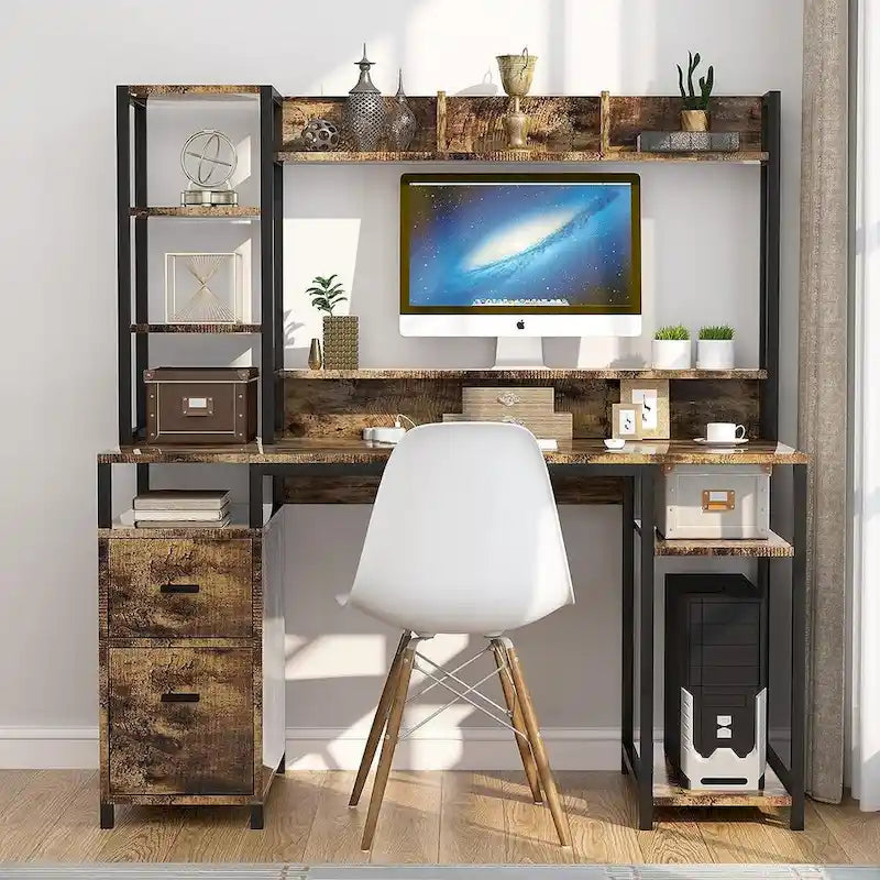 55" Vintage Computer Desk with Hutch and Storage Shelf